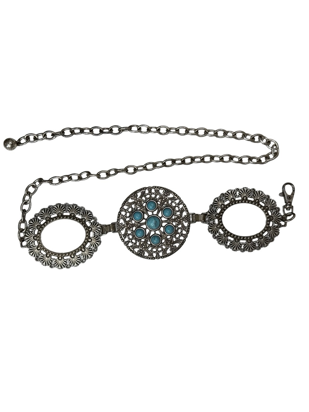 Chicos Silver Tone Chain Belt with Turquoise Colored Accents Medallion Western